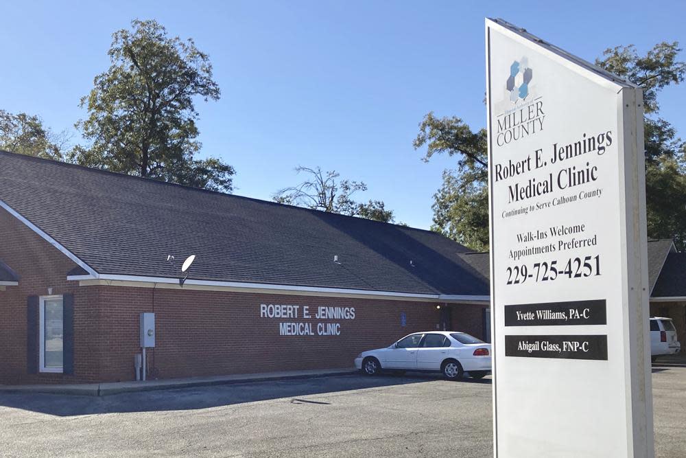 A medical clinic is shown on Thursday, Oct. 6, 2022 in Arlington, Ga. After the town’s hospital closed nine years ago, the county hospital board leased the clinic to a neighboring hospital, keeping some health care available in the southwest Georgia town. (AP Photo/Jeff Amy)