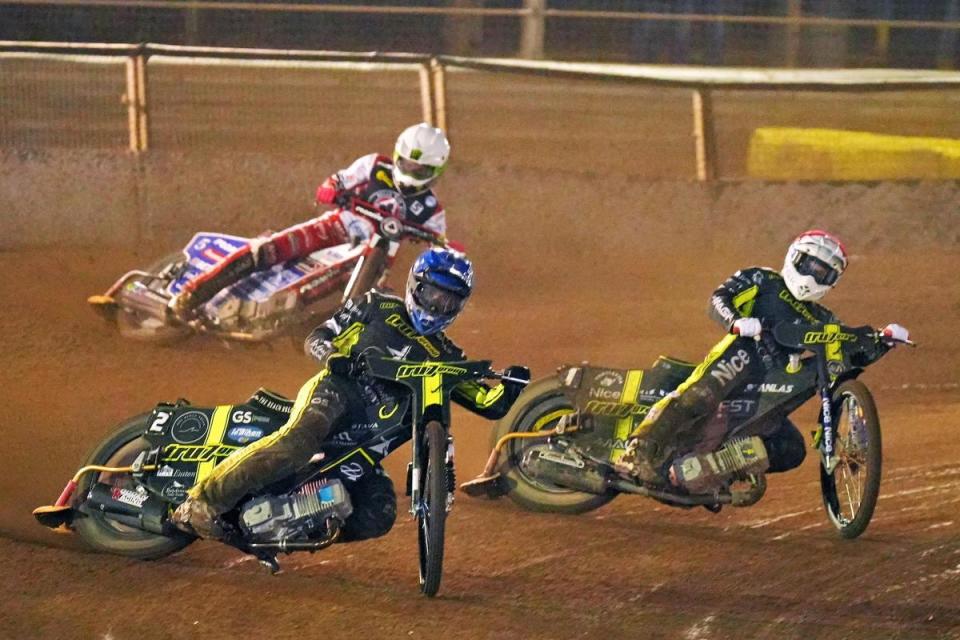 Adam Ellis (blue helmet) and Emil Sayfutdinov (red) leading  Dan Bewley in heat six, although the Belle Vue rider came through to win. <i>(Image: Steve Waller)</i>