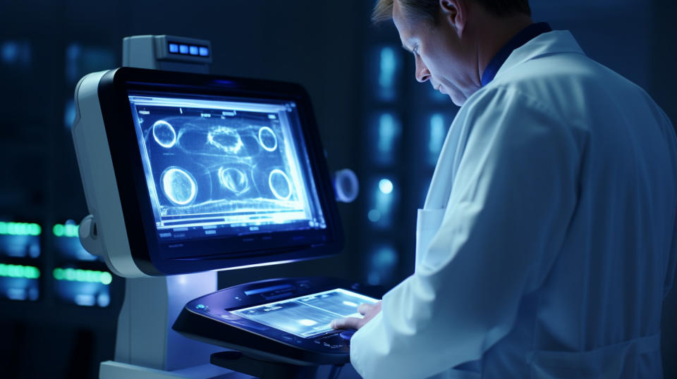 A doctor looking at a ultrasound system with a Compass software interface, demonstrating the sophistication of the device.