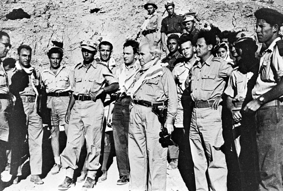 Israeli Prime Minister David Ben-Gurion wearing a keffiyeh on a tour of the Negev region in 1949. <a href="https://gpophotoeng.gov.il/fotoweb/Grid.fwx?search=D705-019.jpg#Preview1" rel="nofollow noopener" target="_blank" data-ylk="slk:National Photo Collection of Israel, Photography dept. Government Press Office;elm:context_link;itc:0;sec:content-canvas" class="link ">National Photo Collection of Israel, Photography dept. Government Press Office</a>