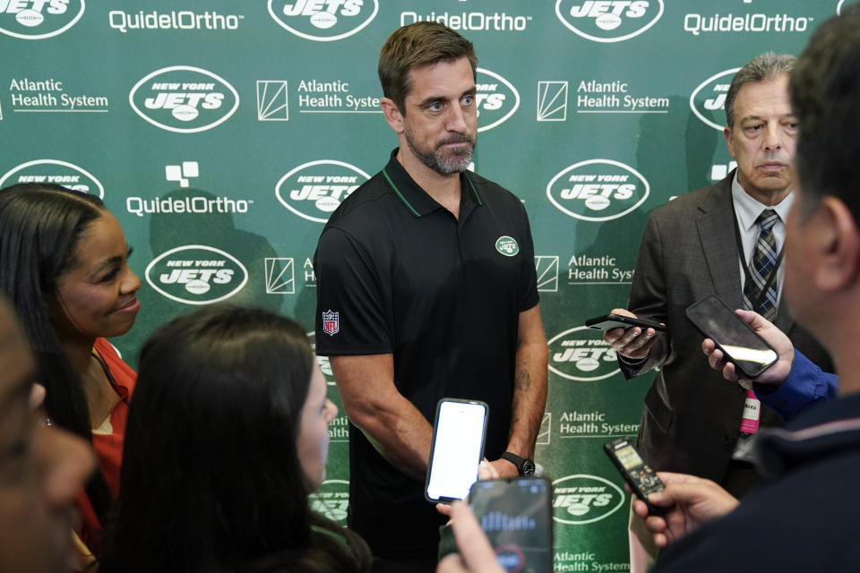 New York Jets' quarterback Aaron Rodgers talks to reporters after an NFL football press conference at the Jets' training facility in Florham Park, N.J., Wednesday, April 26, 2023. (AP Photo/Seth Wenig)