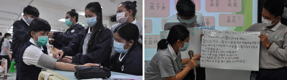 左圖：實習課程多達16個學分，高達640個小時，包含基本照護、居家照護等。右圖：慈濟科技大學要求菲律賓學生必須通過「華語A2以上能力證照」。