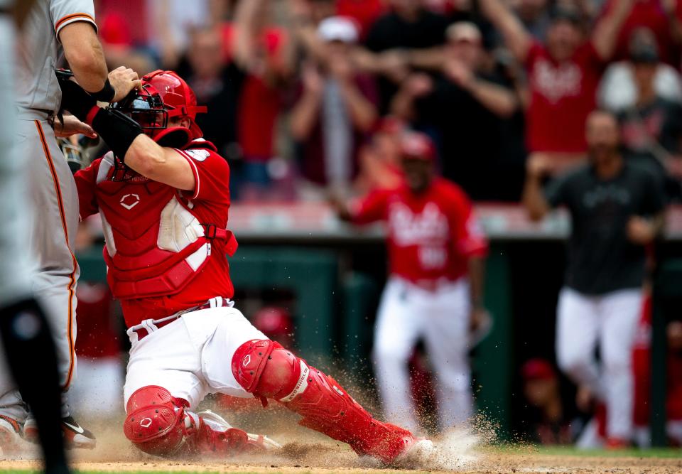 Cincinnati Reds catcher Tyler Stephenson (37) tags out San Francisco Giants catcher Joey Bart (21) to end the MLB game at Great American Ball Park in Cincinnati, Saturday, May 28, 2022. Cincinnati Reds defeated San Francisco Giants 3-2. 