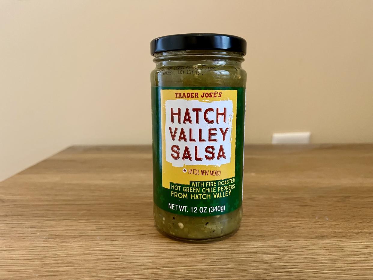 a jar of green hatch chili salsa from trader joes