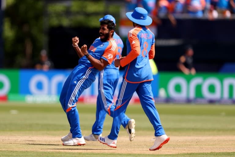 Indian match-winner Jasprit Bumrah celebrates taking the key wicket of Mohammad Rizwan in Sunday's victory over Pakistan at the T20 World Cup (ROBERT CIANFLONE)