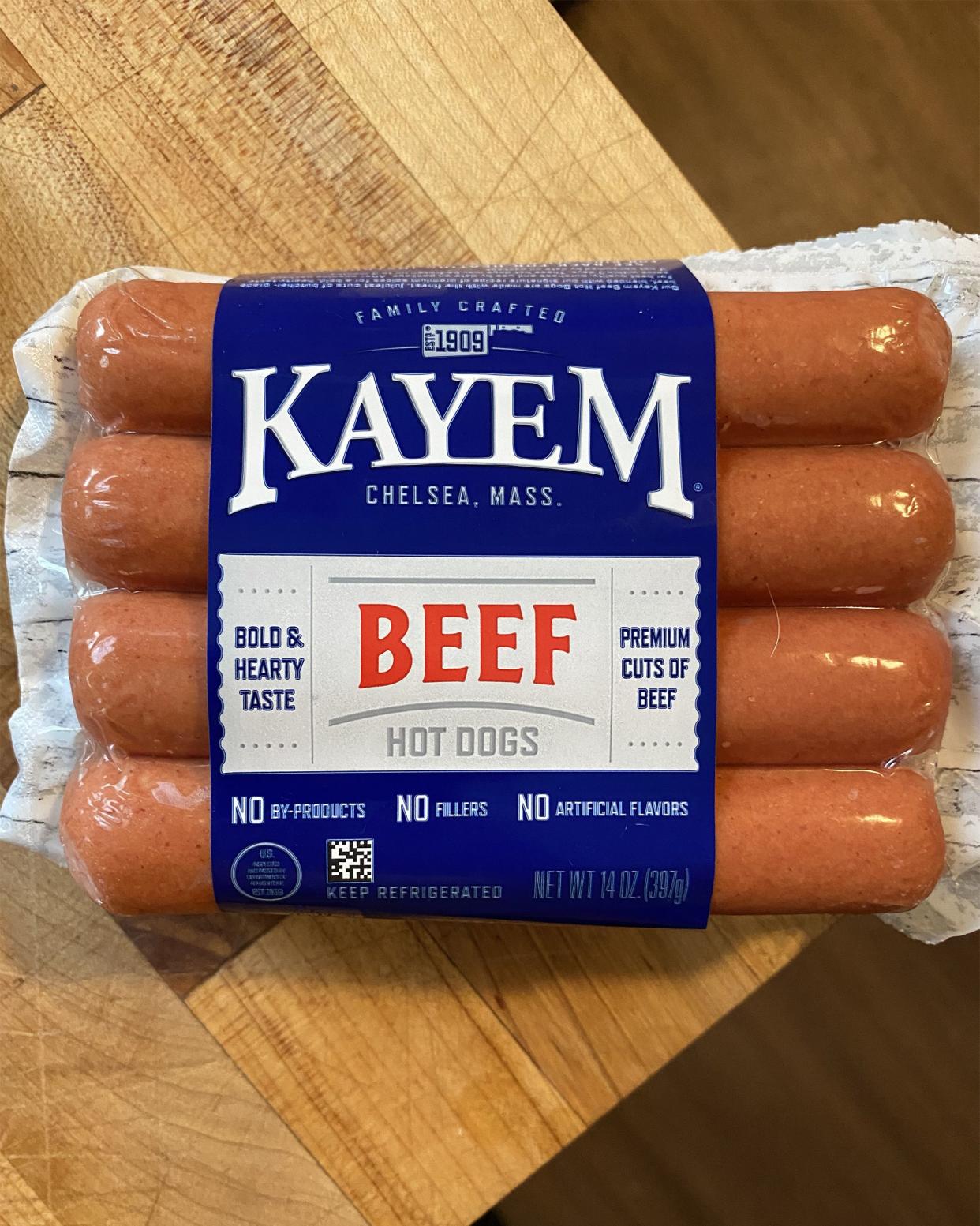 closeup of Kayem Beef Hot Dogs on table