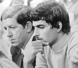 Mark Spitz (right) and U.S. Olympic swimming coach Peter Daland talk at a press conference at the Olympic Games in Munich in 1972. Associated Press