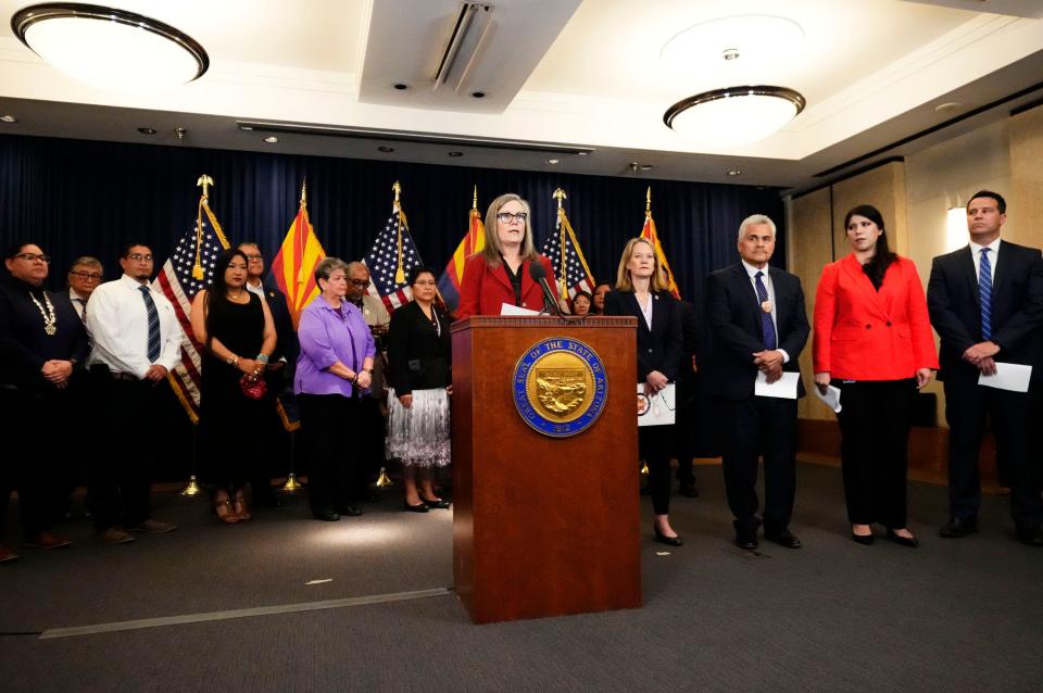 Gov. Katie Hobbs announces actions Arizona is taking to stop fraud against the Medicaid system and exploitation of AHCCCS members during a news conference at the Arizona state Capitol in Phoenix on May 16, 2023.