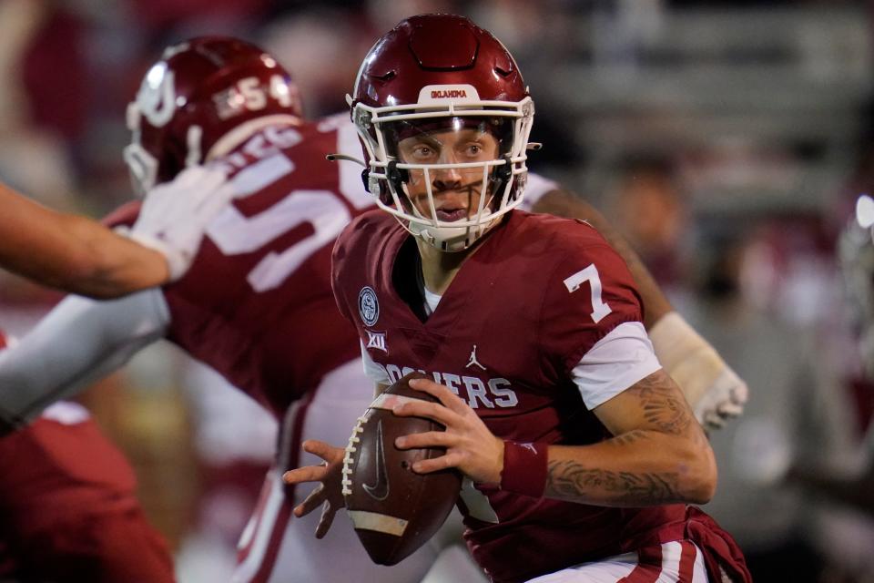 Oklahoma quarterback Spencer Rattler (7) during an NCAA college football game against Oklahoma State in Norman, Okla., Saturday, Nov. 21, 2020.