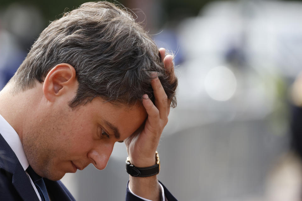 French Prime Minister Gabriel Attal arrives for a ceremony marking the 84th anniversary of late French General Charles de Gaulle's World War II resistance call of June 18, 1940, at the Mont-Valerien memorial in Suresnes, outside Paris, Tuesday, June 18, 2024. French President Emmanuel Macron dissolved the National Assembly, parliament's lower house, in a shock response to a humbling defeat by the far right in the European Parliament election on June 9. (Ludovic Marin, Pool via AP)