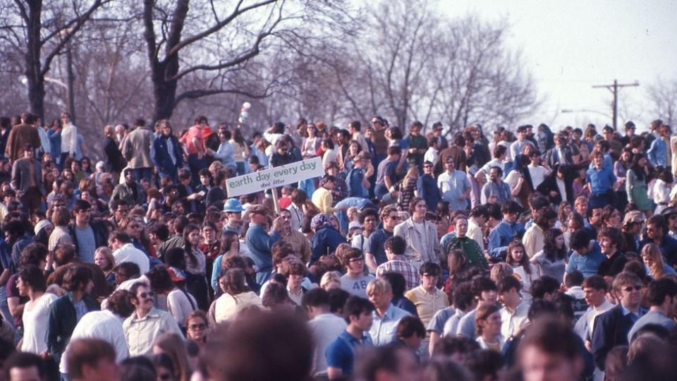 Crowds of people at the first Earth Day event