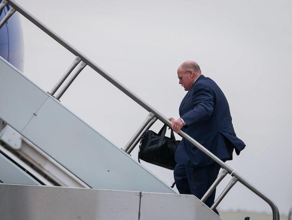 Kansas City Chiefs head coach Andy Reid prepares to board a chartered United flight on their way to Las Vegas for Super Bowl LVIII on Sunday February 4, 2024 at KCI Airport in Kansas City, Missouri.