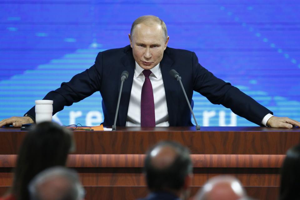 FILE In this file photo taken on Thursday, Dec. 20, 2018, Russian President Vladimir speaks during his annual news conference in Moscow, Russia. U.S. and European sanctions have restricted Russia’s access to international capital markets, limited imports of Western energy and military technologies and spooked international investors. (AP Photo/Alexander Zemlianichenko, File)