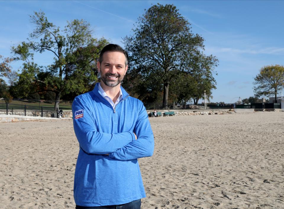 Nick Kosir poses near his new  home in Rye, N.Y. as he readies for a new job as host on the Fox Weather app.