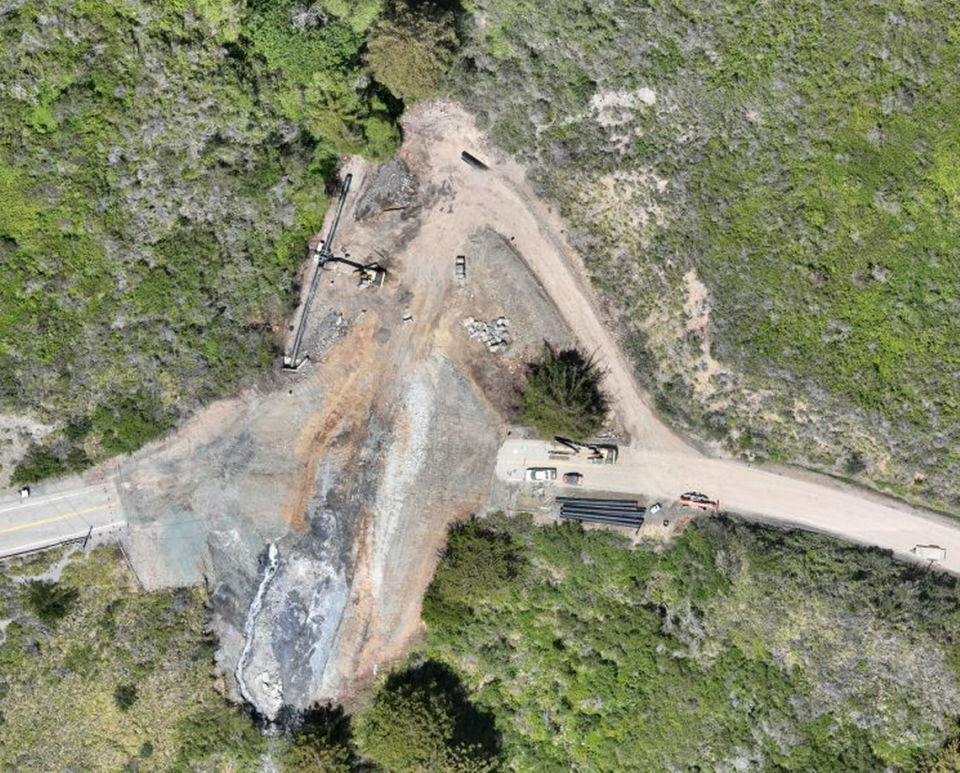 Highway 1 will reopen at Dani Creek, seen here in an aerial photo on May 1, 2023, near Big Sur in July 2023, according to Caltrans.