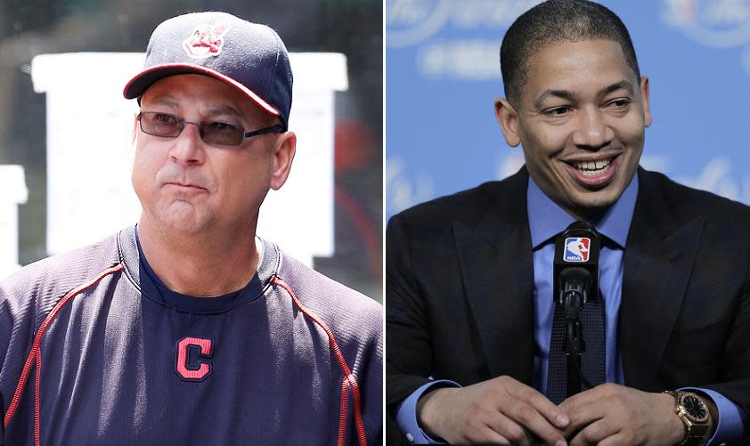 Indians manager Terry Francona (left) and Cavaliers coach Tyronn Lue are still on good terms despite a text message mix up. (AP Photos).