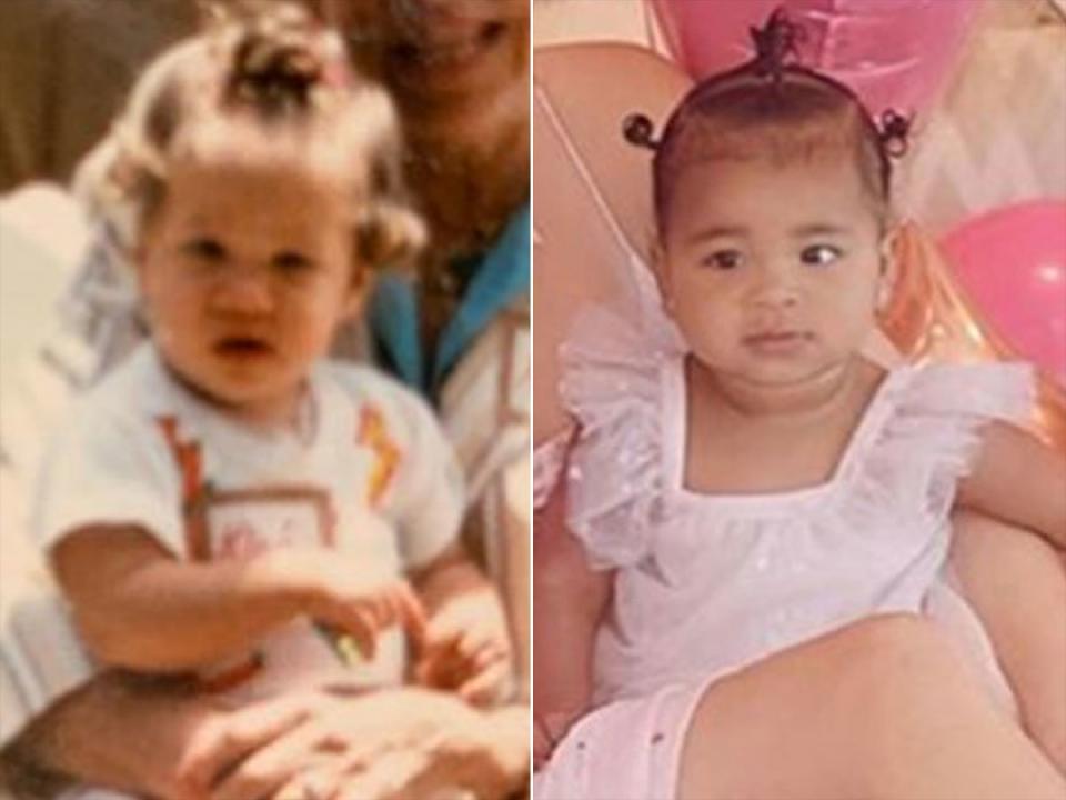 To celebrate granddaughter True's first birthday, Kris Jenner shared <a rel="nofollow noopener" href="https://people.com/parents/khloe-kardashian-and-true-twins-throwback-photo-kris-jenner/" target="_blank" data-ylk="slk:a throwback photo of daughter Khloé Kardashian at 1 year old;elm:context_link;itc:0;sec:content-canvas" class="link ">a throwback photo of daughter Khloé Kardashian at 1 year old</a>, and the resemblance is 'True-ly' striking! The photo shows Khloé with her hair styled in three tiny pigtails, exactly like the ones baby True rocked in her balloon-filled <a rel="nofollow noopener" href="https://www.instagram.com/p/BwKsVpSBQPE/" target="_blank" data-ylk="slk:birthday photo shoot;elm:context_link;itc:0;sec:content-canvas" class="link ">birthday photo shoot</a>. 