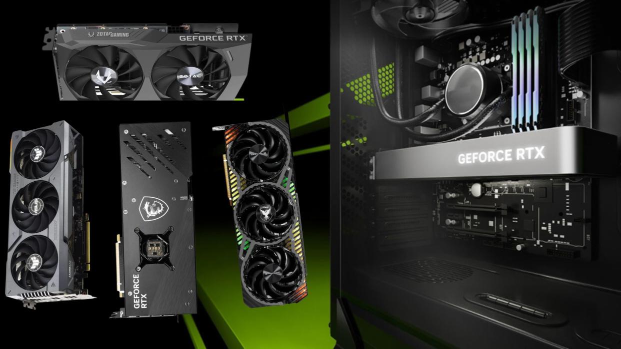  Nvidia GeForce graphic image with various GPUs layered on top 