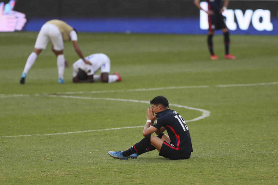 United States' Sebastian Soto reacts at the end of a Concacaf Men's Olympic qualifying championship semi-final soccer match against Honduras in Guadalajara, Mexico, Sunday, March 28, 2021. Honduras defeated United States 2-1, qualifying for the upcoming Tokyo Olympics. (AP Photo/Fernando Llano)