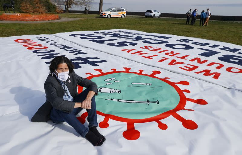 Members of aid group MSF demonstrate to waive intellectual property rights on COVID-19 drugs in Geneva