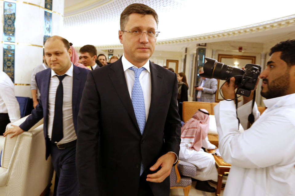 Russian Minister of Energy Alexander Novak arrives to attend a meeting of the energy ministers from OPEC and its allies to discuss prices and production cuts, in Jiddah, Saudi Arabia, Sunday, May 19, 2019. The meeting takes places as tensions flare in the Persian Gulf after the U.S. ordered bombers and an aircraft carrier to the region over an unexplained threat they perceive from Iran, which comes a year after the U.S. unilaterally pulled out of Tehran's nuclear deal with world powers and reimposed sanctions on Iranian oil. (AP Photo/Amr Nabil)