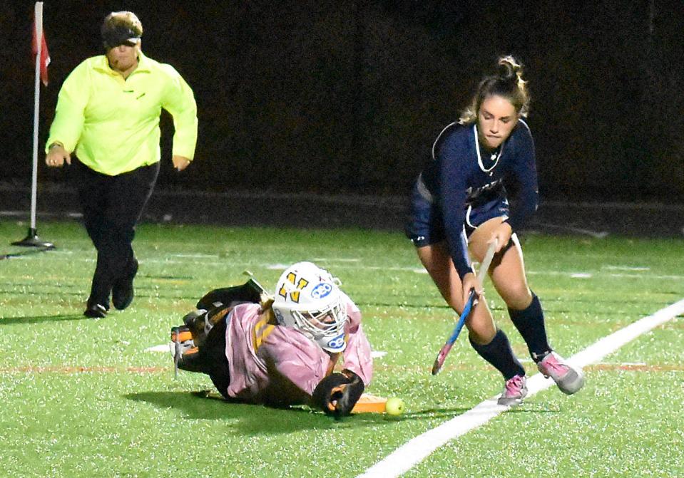 Norwood's Ava O'Neil and Somerset's Emily Carr during Tuesday's Division 2 state semifinal game at Middleboro High School Nov. 14, 2023.