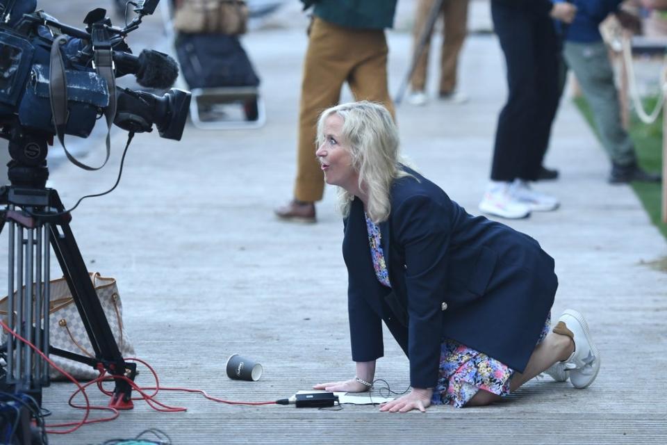 BBC Breakfast’s Carol Kirkwood took a tumble live on TV when she was pulled to the ground by a guide dog at Chelsea Flower Show (Jeremy Selwyn)