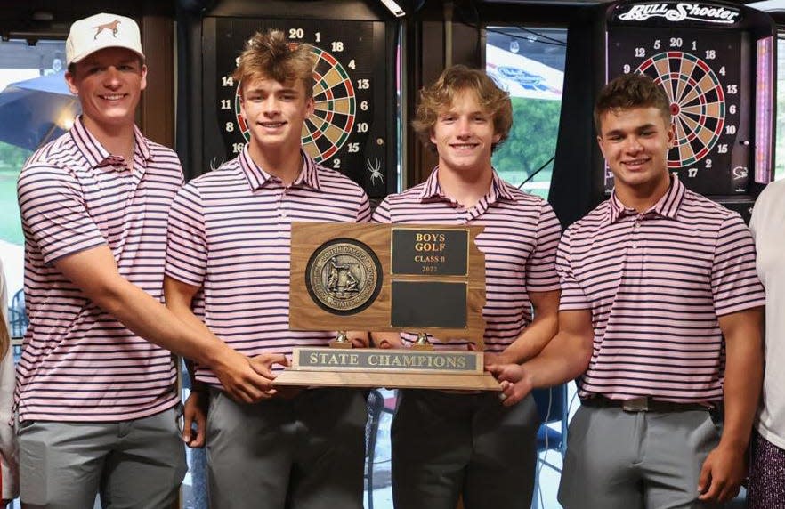 Golfers, from left, Coy Determan, Eli Fogel, Kade Stukel and Trey Murray led Gregory to the 2022 state Class B boys golf championship last June. Fogel, Stukel and Murray are each returnees this spring for the Gorillas.