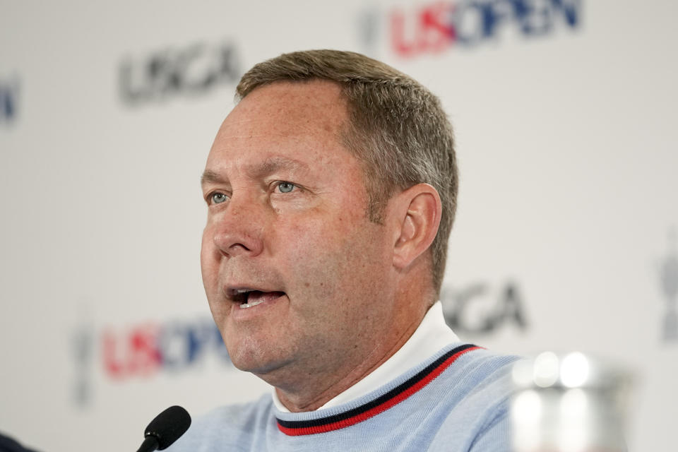 Mike Wahn speaks during a news conference at the U.S. Open Championship golf tournament at The Los Angeles Country Club on Wednesday, June 14, 2023, in Los Angeles. (AP Photo/)