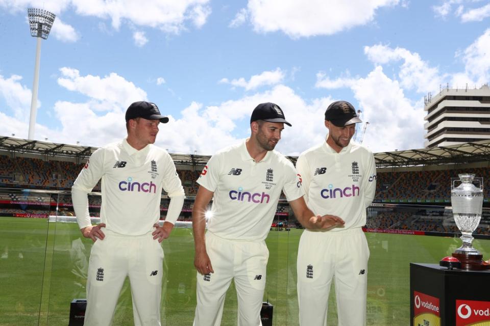 Ollie Pope (left) and Mark Wood (centre) joined Root at a series launch at The Gabba. (Jason O’Brien/PA) (PA Wire)