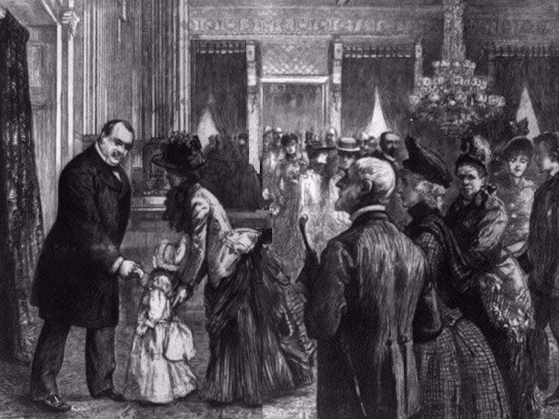 A black and white sketch of President Grover Cleveland in the East Room with his Easter Egg Roll guests.