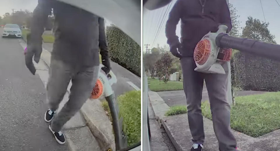 The man can be seen holding a leaf blower while approaching the Tesla. 