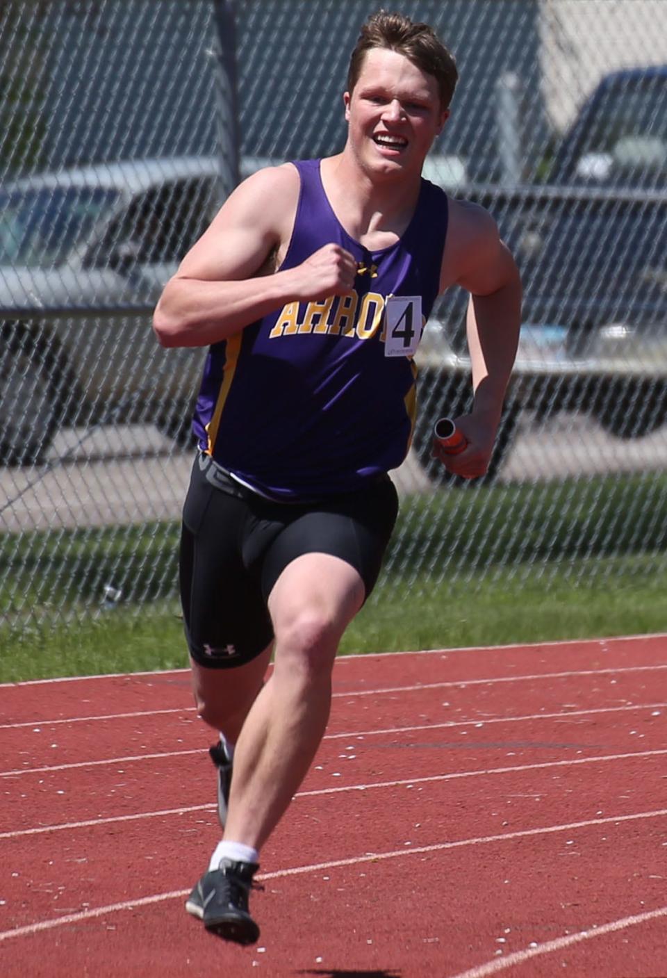 Lincoln Schutt of Watertown runs in the boys; 800-meter relay during the Eastern South Dakota Conferene Track and Field Championships on Saturday, May 11 at Brookings.The Arrows finished sixth in the race.