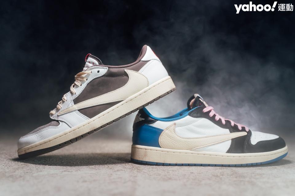 Air Jordan 1低筒鞋 x Travis Scott Sail and Ridgerock與前作Air Jordan 1 低筒鞋 Travis Scott x Fragment。（Yahoo奇摩運動）