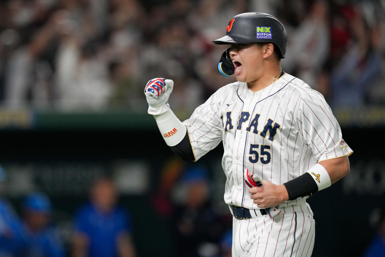 BUNKYO CITY, JAPAN - MARCH 16:   Munetaka Murakami #55 of Team Japan reacts during the 2023 World Baseball Classic Quarterfinals game between Team Italy and Team Japan at Tokyo Dome on Thursday, March 16, 2023 in Tokyo, Japan. (Photo by Mary DeCicco/WBCI/MLB Photos via Getty Images)