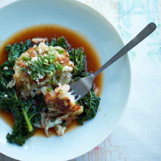 Shrimp-and-Potato Cakes with Kale Braised in Chile Broth