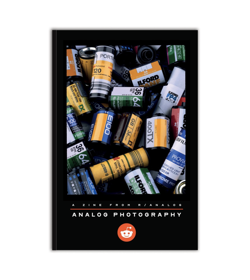 The front cover of the zine created by r/analog is shown. It features old film cartridges.