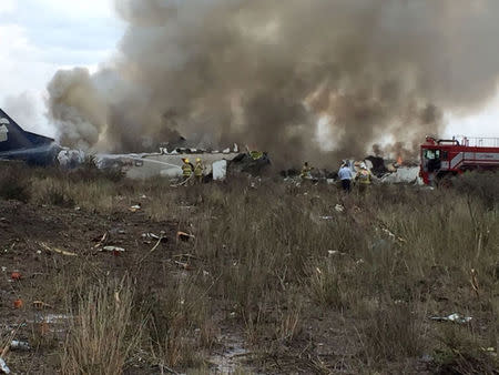 Rescue personnel work at the site where an Aeromexico-operated Embraer passenger jet crashed in Mexico's northern state of Durango, July 31, 2018, in this picture obtained from social media. Proteccion Civil Durango/via REUTERS