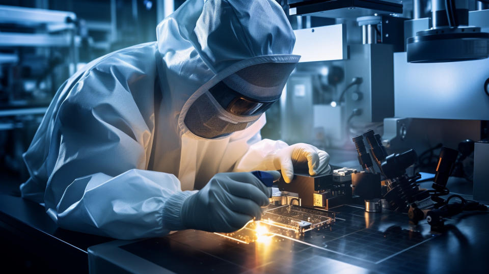 A technician measuring a semiconductor material using an advanced 3D metrology system.