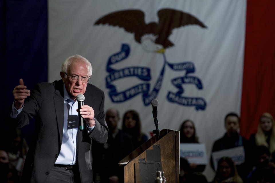 FILE - In this Jan. 20, 2020, file photo, Democratic presidential candidate Sen. Bernie Sanders, I-Vt., speaks at a campaign stop at the State Historical Museum of Iowa in Des Moines, Iowa. As the Democratic primary intensifies ahead of the first voting contests, President Donald Trump and his allies have issued a series of favorable comments about Democrat Bernie Sanders. It's a strategy aimed at trying to take advantage of Democratic divisions and trying to attract some Sanders' supporters to Trump's campaign if the senator is not his party's nominee. (AP Photo/Andrew Harnik)