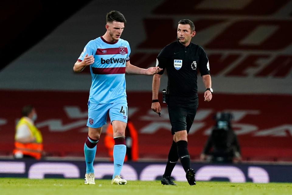 West Ham captain Declan Rice speaks to referee Michael Oliver Photo: Getty Images