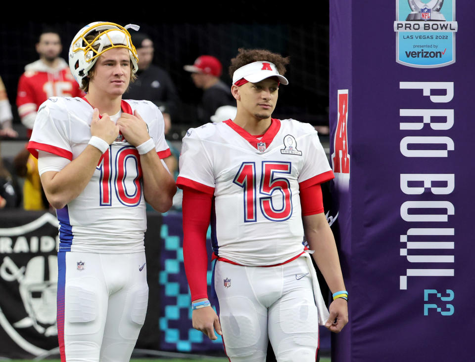 Patrick Mahomes and Justin Herbert were Pro Bowl teammates last season. (Photo by Ethan Miller/Getty Images)