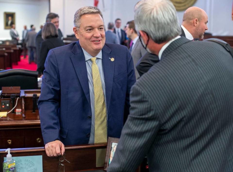 Senator Jim Perry, who represents Lenoir and Wayne counties, talks with Senator Kirk deViere of Cumberland County following their session on Wednesday, November 17, 2021 in Raleigh, N.C.