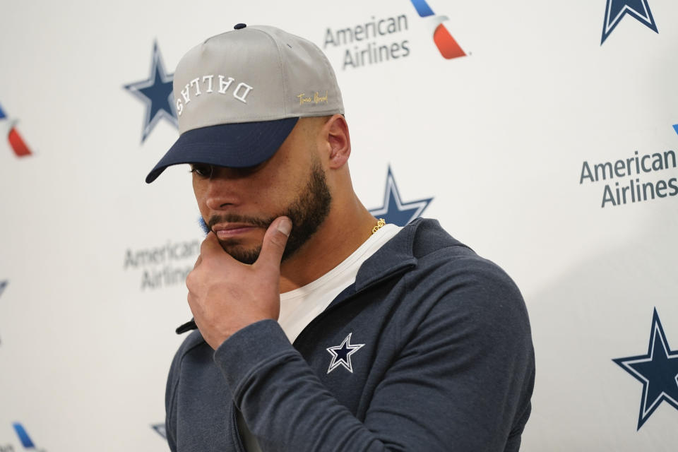 Dallas Cowboys quarterback Dak Prescott during a news conference after an NFL football game against the Washington Commanders, Sunday, Jan. 8, 2023, in Landover, Md. Washington won 26-6. (AP Photo/Patrick Semansky)