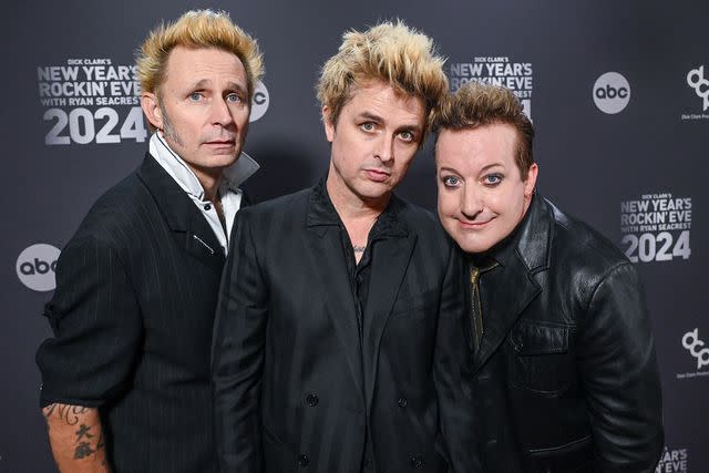 <p>Gilbert Flores/Penske Media via Getty</p> Mike Dirnt, Billy Joe Armstrong and Tré Cool of Green Day at Dick Clark's New Year's Rockin' Eve with Ryan Seacrest in Hollywood, California on Dec. 31, 2023