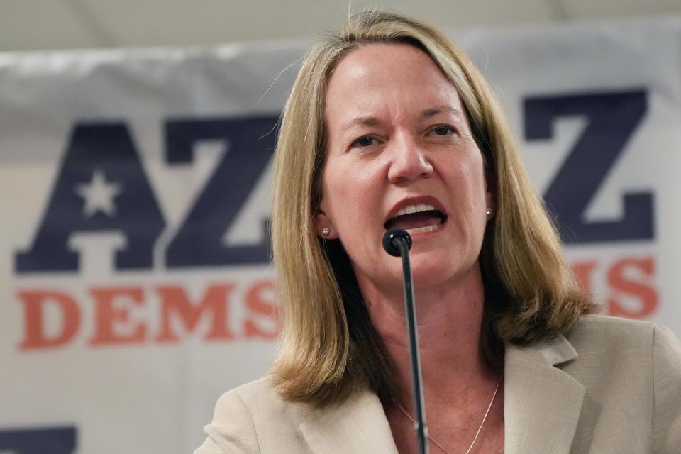 Kris Mayes, the Democratic candidate for Arizona Attorney General, speaks as the Arizona Democratic Party hosts a Unity Rally with statewide candidates to energize Democratic voters and volunteers ahead of the November election at Carpenters Union Hall on Saturday, Aug. 27, 2022.   