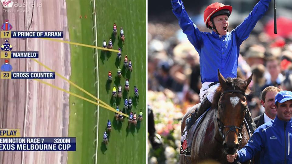 No wonder Kerrin McEvoy was happy with his Melbourne Cup victory – just look at where Cross Counter sat around the last turn. Pic: Channel 7/Getty