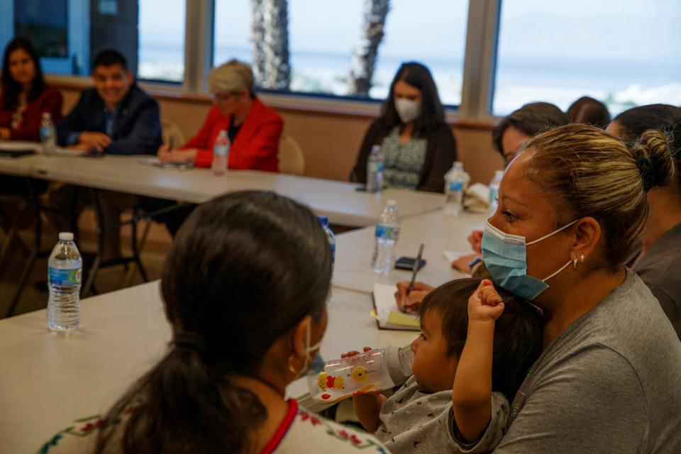 Celia Felipe, right, of North Shore, shares her concerns about the health impacts of the shrinking Salton Sea during a community listening session with U.S. Secretary of Energy Jennifer M. Granholm and U.S. Rep. Raul Ruiz, D-Indio, inside the North Shore Beach and Yacht Club in Mecca, Calif., on April 20, 2022.
(Photo: Taya Gray/The Desert Sun)