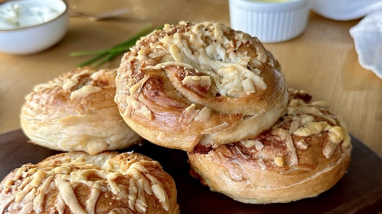 Homemade Asiago bagels on platter