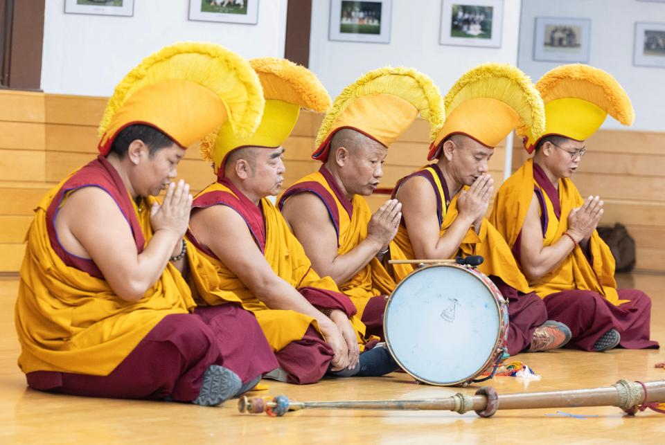 Tibetan monks chant the Prayer of the Mahakala during a visit to Canton Country Day School.